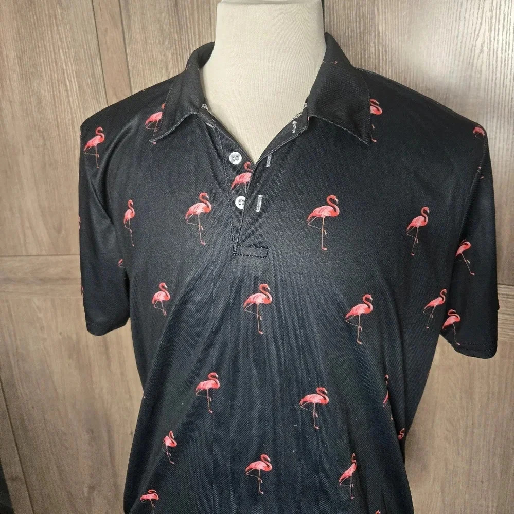 Mens golf Activewear black pink flamingo polo - Picture 11 of 11